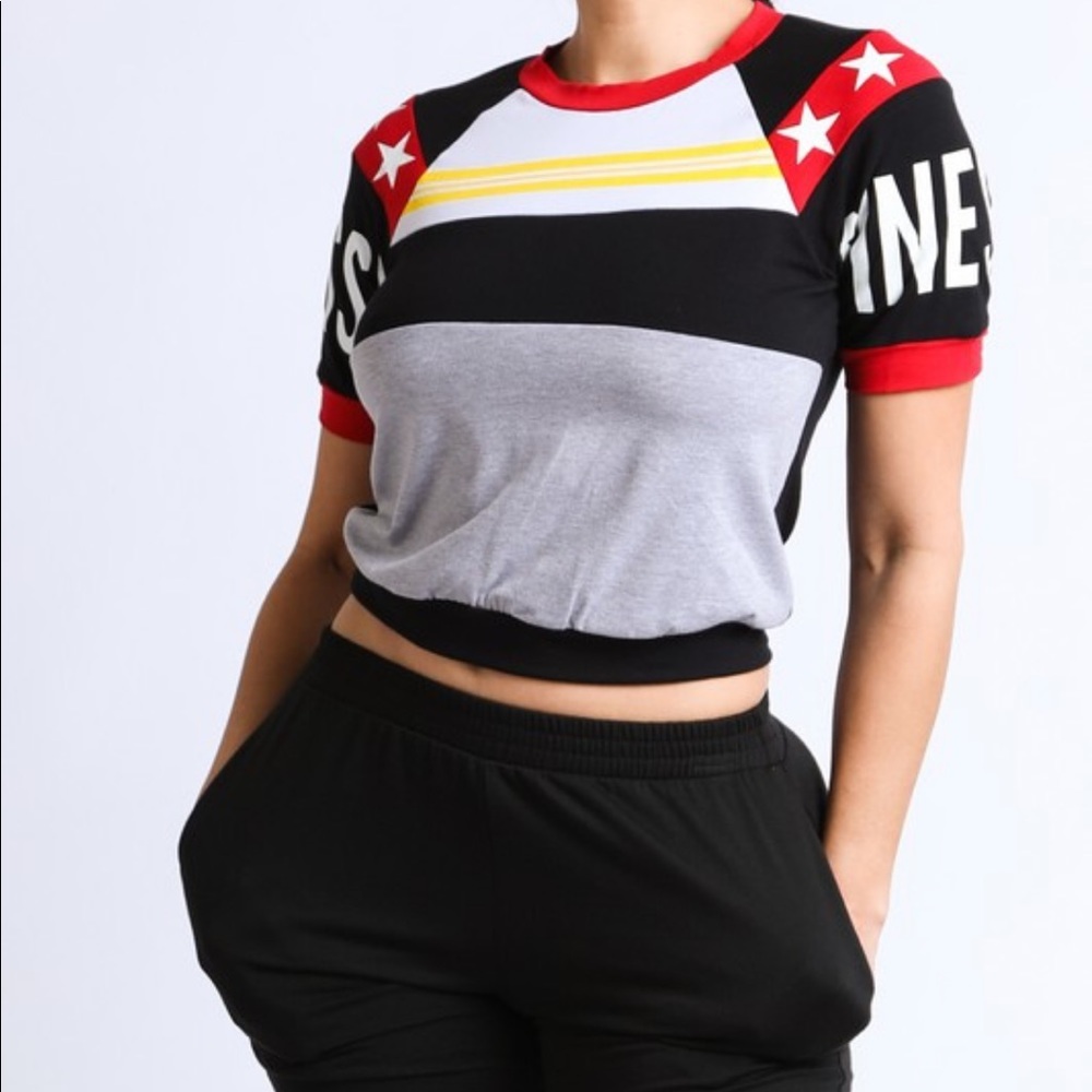Black Red Gray Crop Top Star Print Shirt